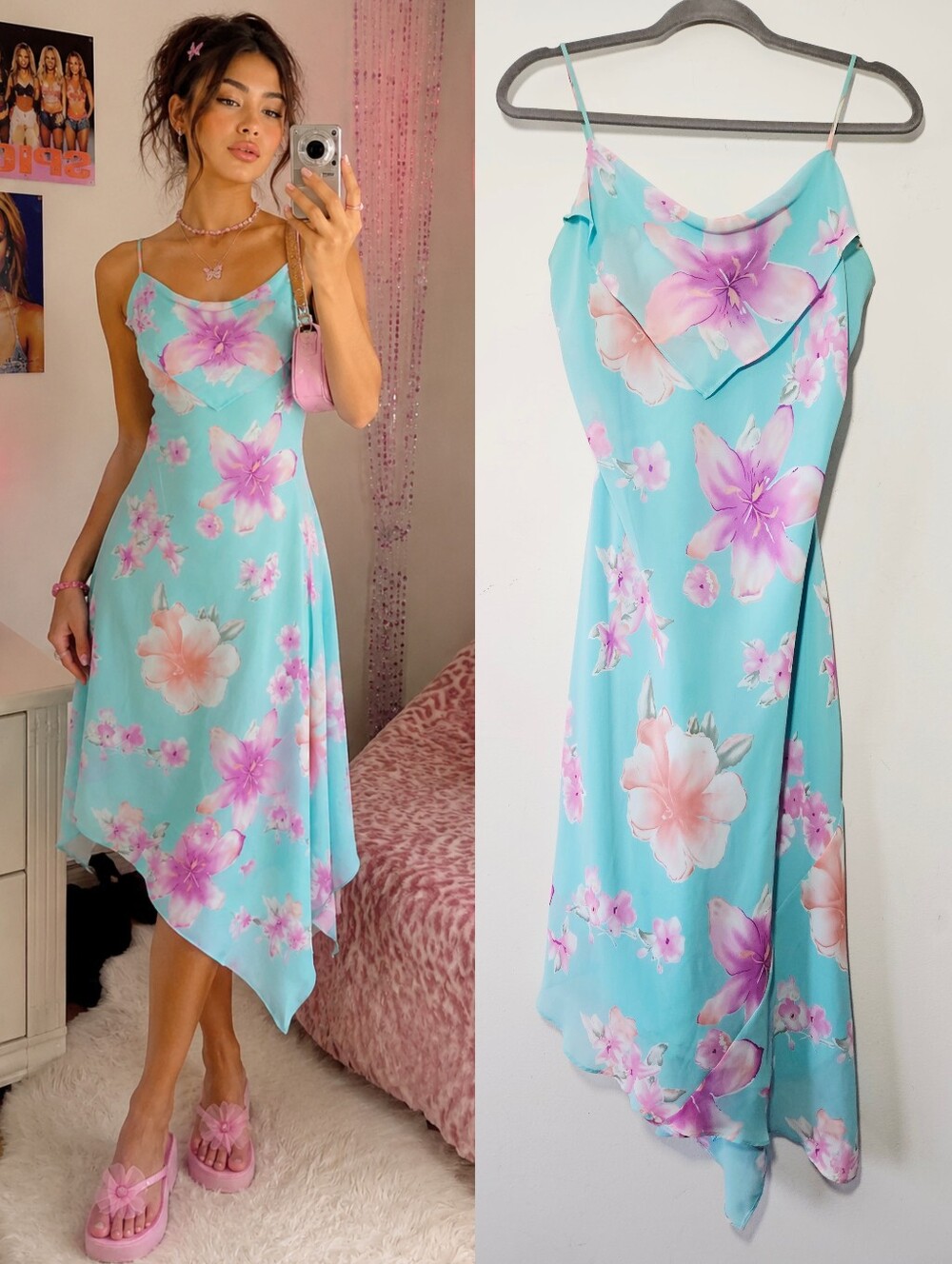 Vintage 90s Jessica Floral Slip Dress Size 12 Cowl Neck Asymmetrical Hem Y2K